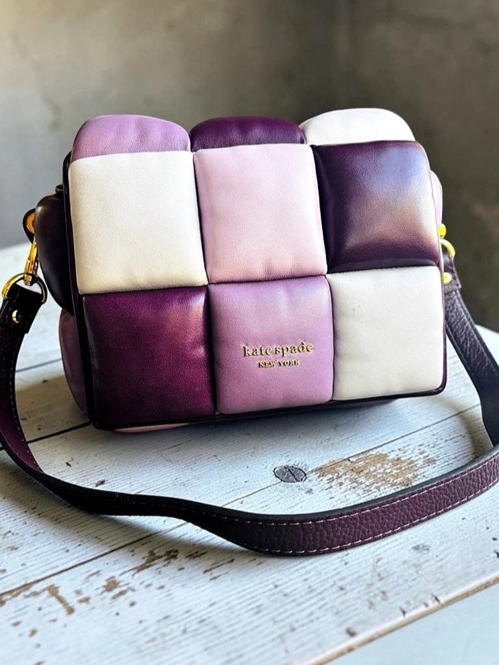 kate spade RARE boxxy crossbody puffy Color Block Crossbody in Purple & White - Picture 2 of 16